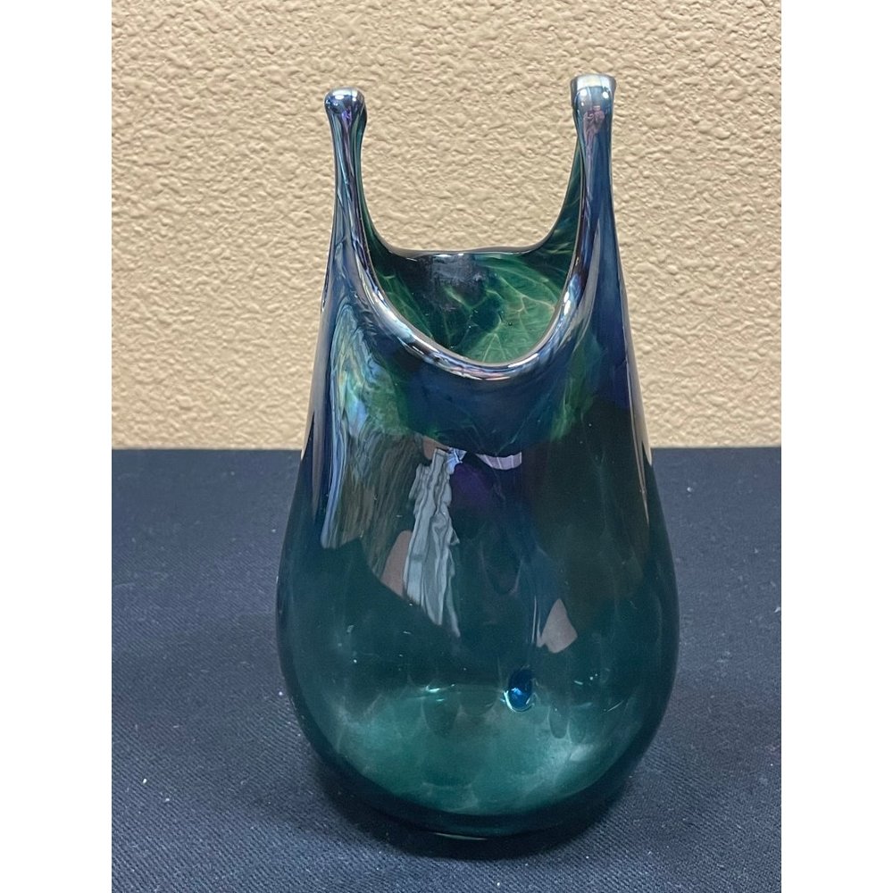 Rare Vintage Hand Blown Glass Paper Bag Vase Signed Sea Foam Blue Color - Picture 4 of 13